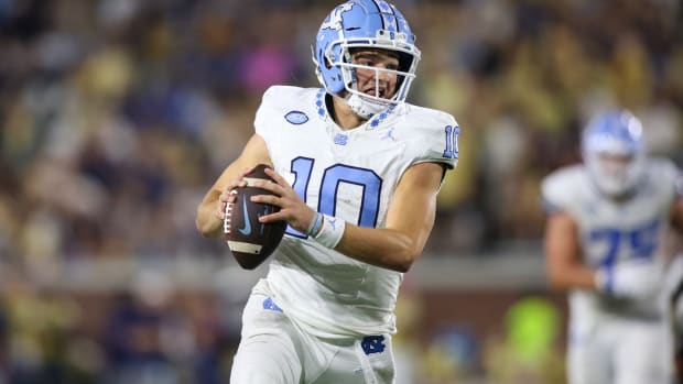 North Carolina Tar Heels quarterback Drake Maye (10) runs the ball against the Georgia Tech Yellow Jackets in the second half at Bobby Dodd Stadium at Hyundai Field.